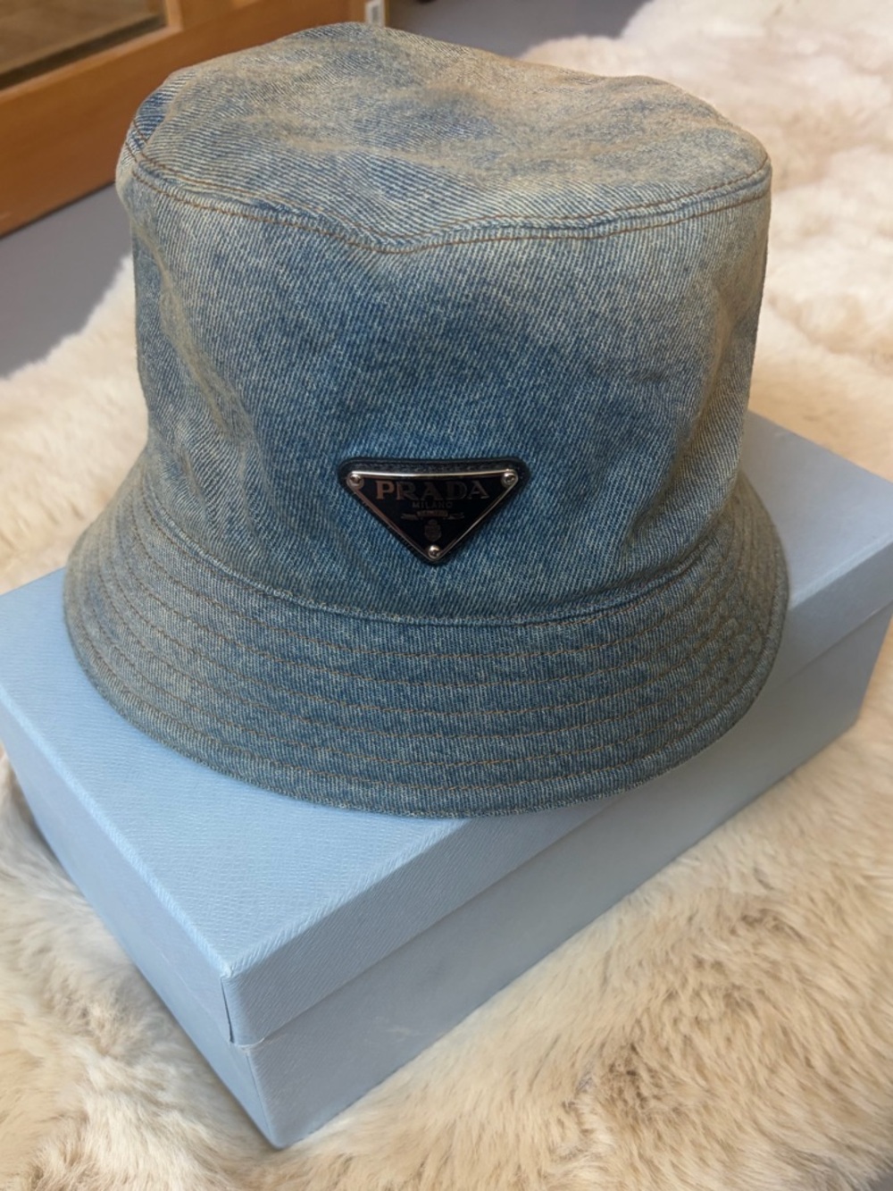 Prada Washed Blue Denim Bucket Hat with Triangular Logo
